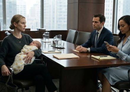 New mother holding her 12-day-old baby during a divorce meeting while her husband sits across the table beside his mistress