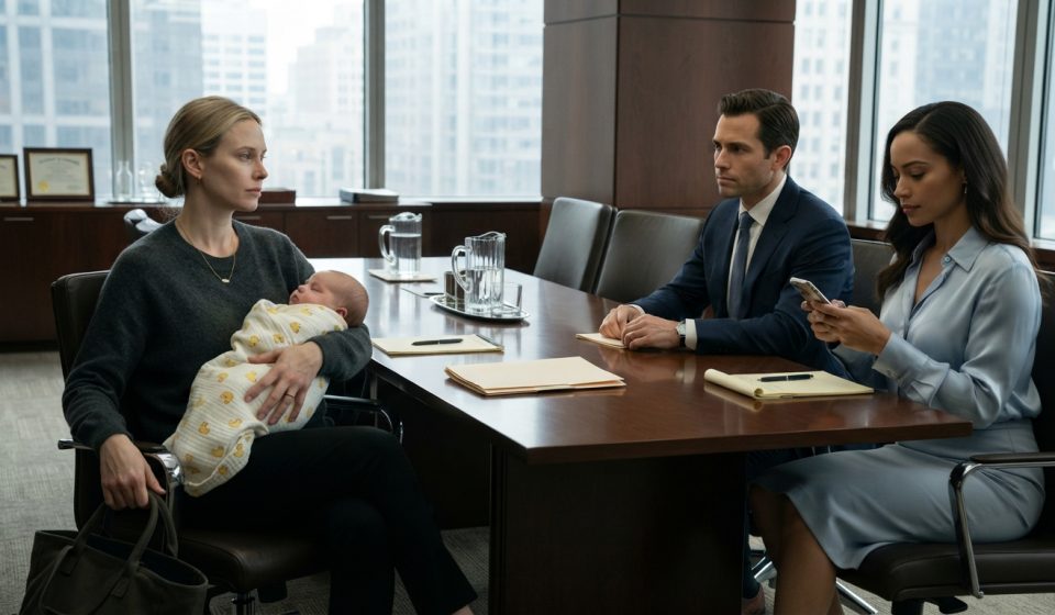 New mother holding her 12-day-old baby during a divorce meeting while her husband sits across the table beside his mistress