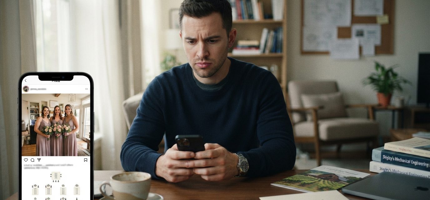 A 29-year-old mechanical engineer listening to his sister's wedding request on the phone while preparing dinner in his kitchen.