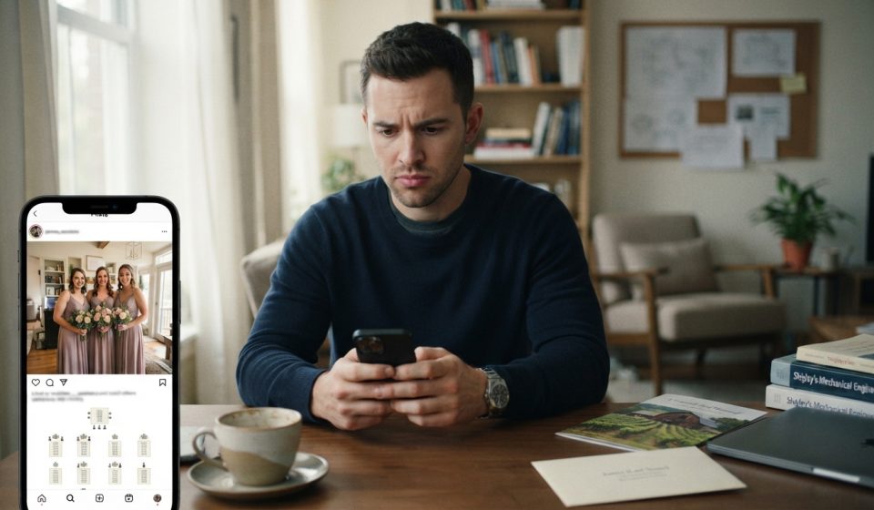 A 29-year-old mechanical engineer listening to his sister's wedding request on the phone while preparing dinner in his kitchen.