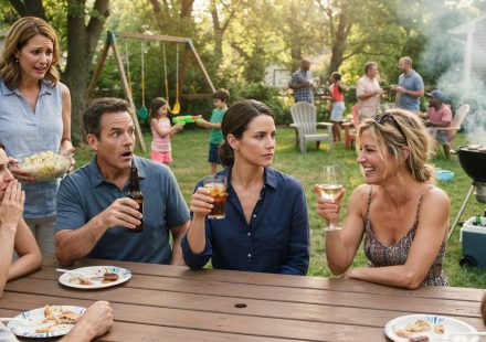 A woman calmly raises her drink after her sister mocks her during a crowded summer family picnic.