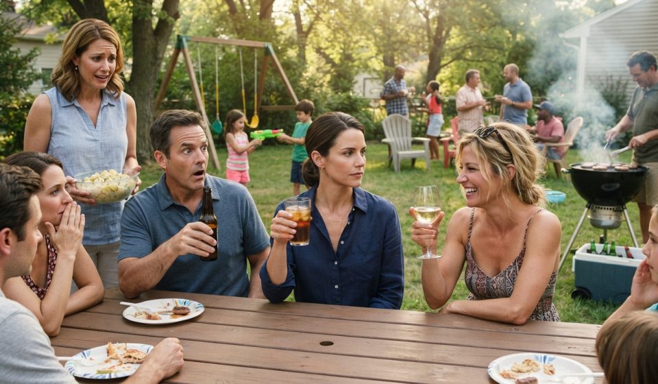 A woman calmly raises her drink after her sister mocks her during a crowded summer family picnic.