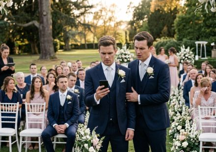 Groom checks his phone after his fiancée didn't show up to the altar while wedding guests wait behind him.