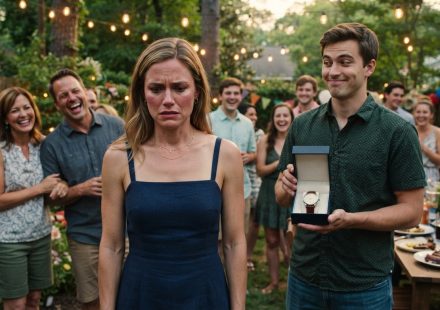 A 28-year-old woman holding a vintage watch at my brother's birthday party while her brother and other family members laugh around her.