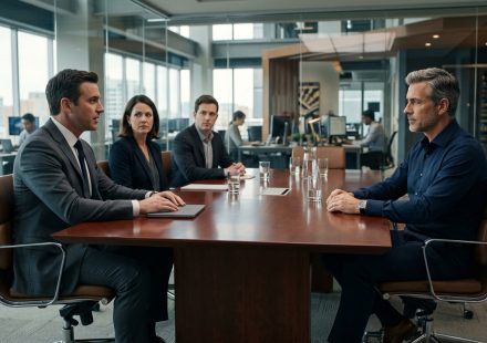 Veteran systems architect sits calmly in an executive HR meeting after learning his salary was cut by 30 percent.