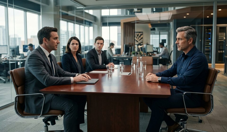 Veteran systems architect sits calmly in an executive HR meeting after learning his salary was cut by 30 percent.