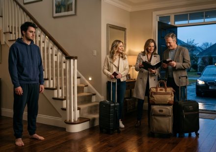 Young man standing in the entryway as his parents and sister leave with luggage for Europe