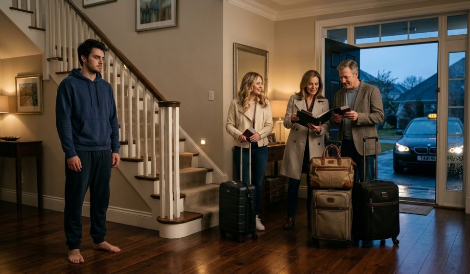 Young man standing in the entryway as his parents and sister leave with luggage for Europe