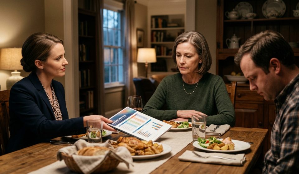 Woman discovers her IRA balance listed as available capital in her daughter-in-law's business plan during Sunday dinner.