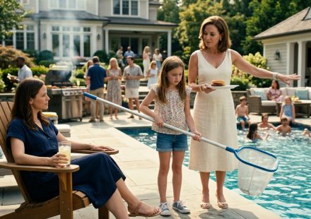 Nine-year-old Emma holding a pool net after her aunt said poor kids need to earn their food at a family barbecue.