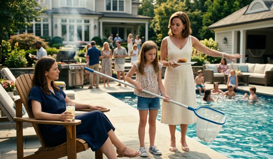 Nine-year-old Emma holding a pool net after her aunt said poor kids need to earn their food at a family barbecue.
