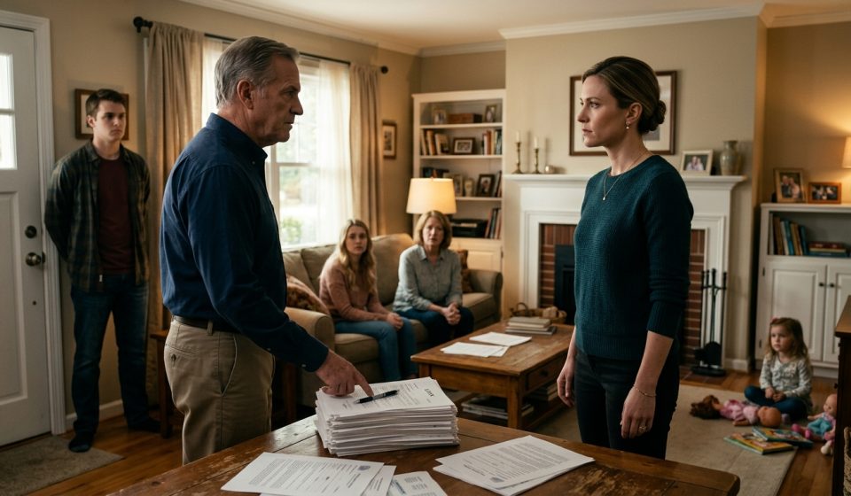 Woman surrounded by relatives during a tense family meeting as her dad demanded she sign everything