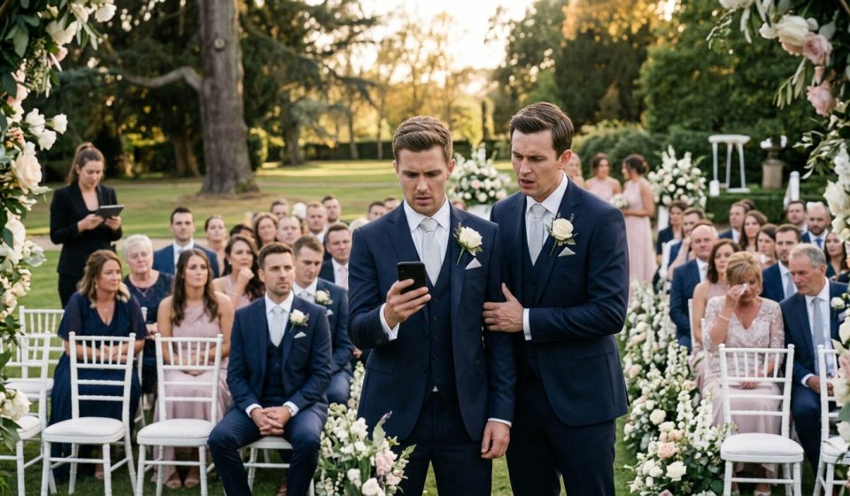 Groom checks his phone after his fiancée didn't show up to the altar while wedding guests wait behind him.