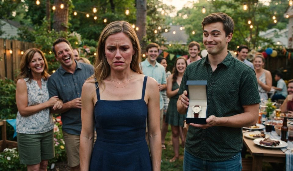 A 28-year-old woman holding a vintage watch at my brother's birthday party while her brother and other family members laugh around her.