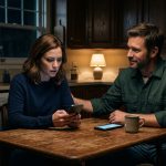 Liam and Claire sitting at their kitchen table after his mother declares that his wife isn't family and removes her from the Thanksgiving group chat.