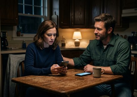Liam and Claire sitting at their kitchen table after his mother declares that his wife isn't family and removes her from the Thanksgiving group chat.