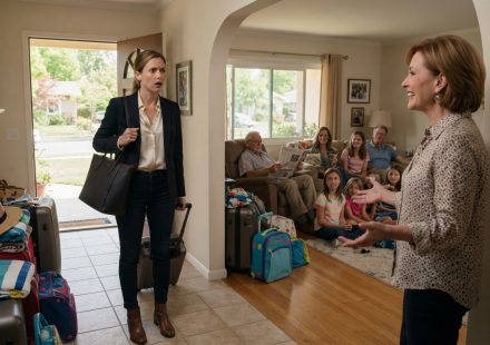 A woman arrives with her suitcase expecting to care for her sick mother but finds her healthy family gathered inside the house.