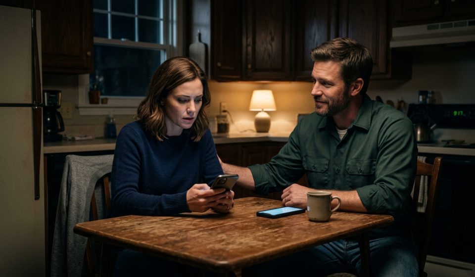 Liam and Claire sitting at their kitchen table after his mother declares that his wife isn't family and removes her from the Thanksgiving group chat.