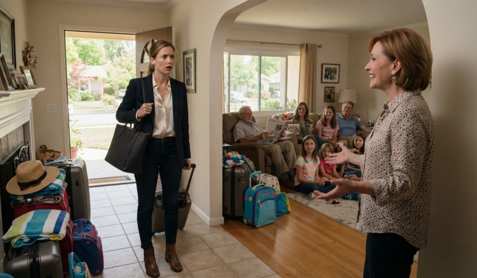 A woman arrives with her suitcase expecting to care for her sick mother but finds her healthy family gathered inside the house.