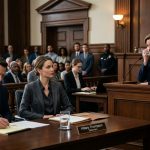 Successful female financial professional sits beside her attorney as her sister accuses her during a tense courtroom property dispute.