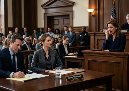 Successful female financial professional sits beside her attorney as her sister accuses her during a tense courtroom property dispute.