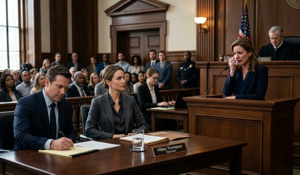 Successful female financial professional sits beside her attorney as her sister accuses her during a tense courtroom property dispute.