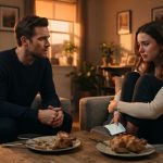Long-term couple sitting apart during a tense evening conversation inside their apartment.