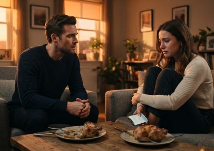 Long-term couple sitting apart during a tense evening conversation inside their apartment.