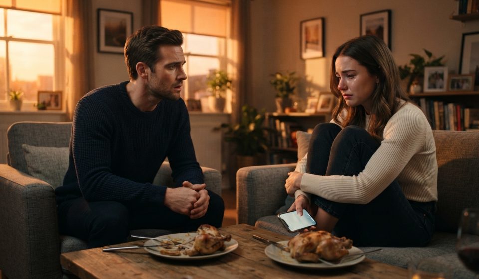 Long-term couple sitting apart during a tense evening conversation inside their apartment.