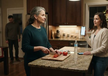 Mother calmly stands at her kitchen island as her daughter announces Christmas plans for 40 relatives and tells her she'll take the basement.