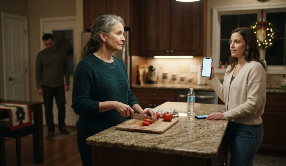 Mother calmly stands at her kitchen island as her daughter announces Christmas plans for 40 relatives and tells her she'll take the basement.