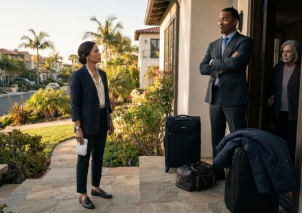 Lenora stands outside her mother's San Diego home after finding her suitcases and belongings piled on the porch while her brother watches from the doorway.