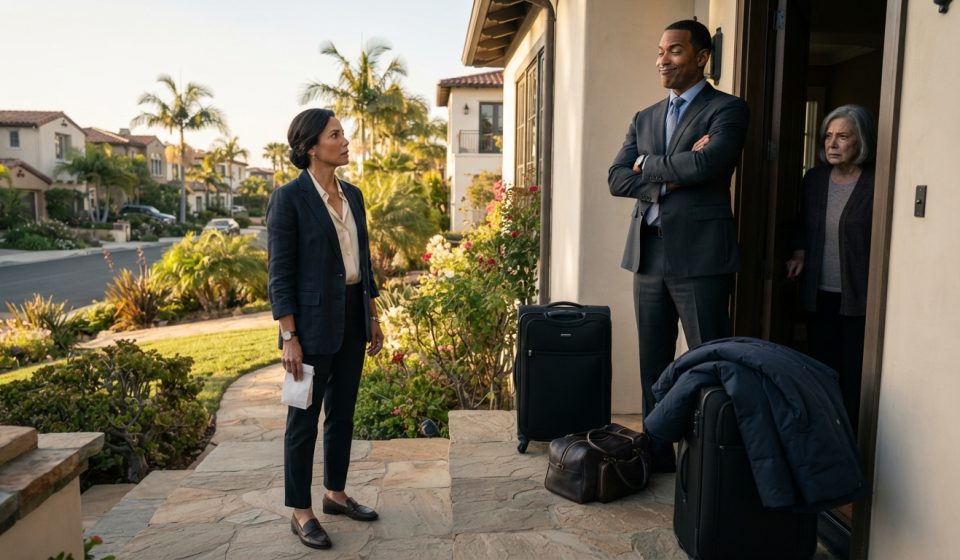 Lenora stands outside her mother's San Diego home after finding her suitcases and belongings piled on the porch while her brother watches from the doorway.