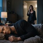 A husband pretending to sleep while his wife secretly whispers his bank card PIN to her mother during a late-night phone call.