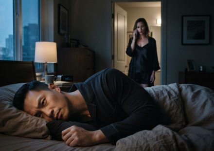 A husband pretending to sleep while his wife secretly whispers his bank card PIN to her mother during a late-night phone call.