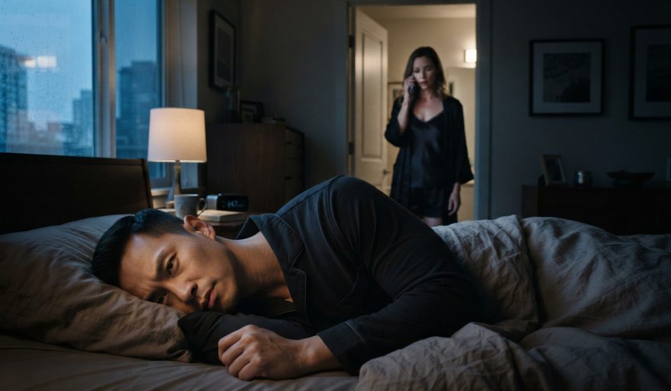 A husband pretending to sleep while his wife secretly whispers his bank card PIN to her mother during a late-night phone call.