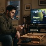Young man sitting alone in his apartment holding a phone in disbelief after receiving an unexpected demand to pay for his sister's birthday trip to the Bahamas.