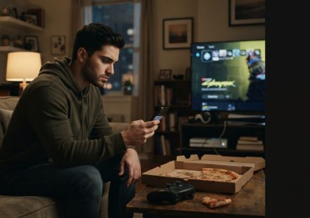 Young man sitting alone in his apartment holding a phone in disbelief after receiving an unexpected demand to pay for his sister's birthday trip to the Bahamas.