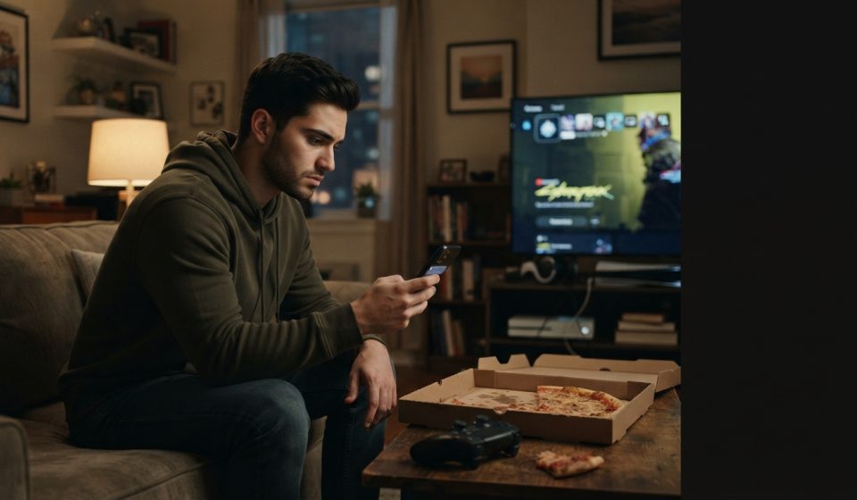Young man sitting alone in his apartment holding a phone in disbelief after receiving an unexpected demand to pay for his sister's birthday trip to the Bahamas.