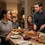 A woman in a gray work polo faces her sister's new husband across a Thanksgiving table after he mocked my worn-out uniform.