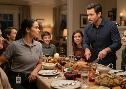 A woman in a gray work polo faces her sister's new husband across a Thanksgiving table after he mocked my worn-out uniform.