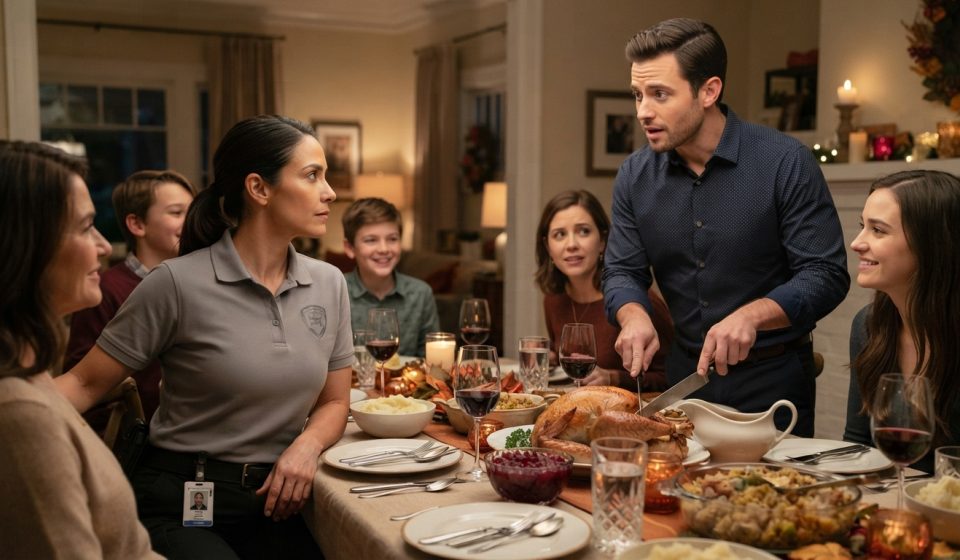 A woman in a gray work polo faces her sister's new husband across a Thanksgiving table after he mocked my worn-out uniform.