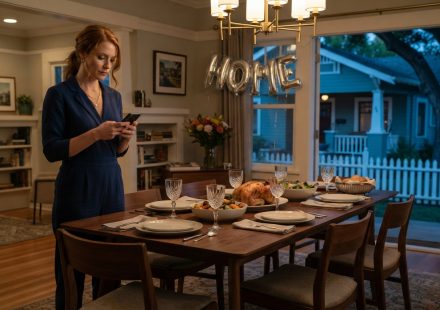 Woman waiting alone at a dinner table after her family never showed up to celebrate her dream house.