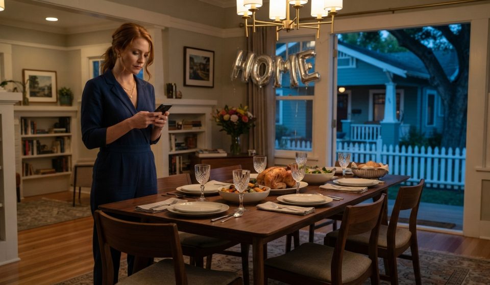 Woman waiting alone at a dinner table after her family never showed up to celebrate her dream house.