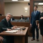 A shocked man watches his visibly pregnant ex-wife enter the courthouse with her lawyer during their divorce hearing.