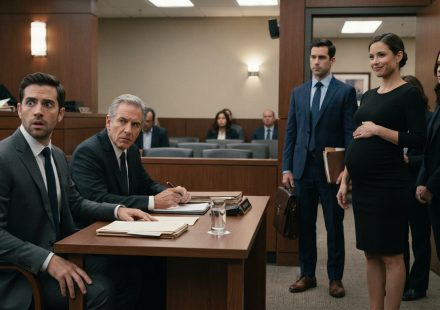A shocked man watches his visibly pregnant ex-wife enter the courthouse with her lawyer during their divorce hearing.