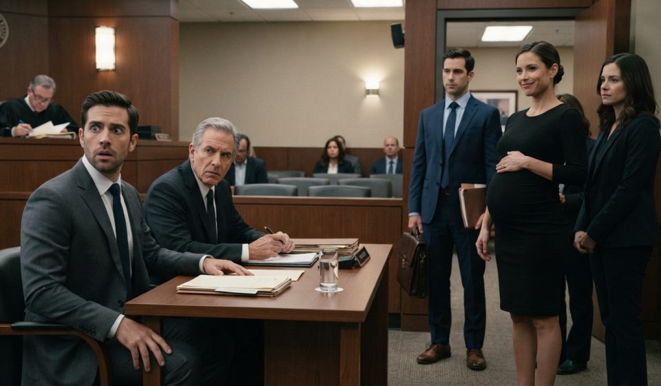 A shocked man watches his visibly pregnant ex-wife enter the courthouse with her lawyer during their divorce hearing.