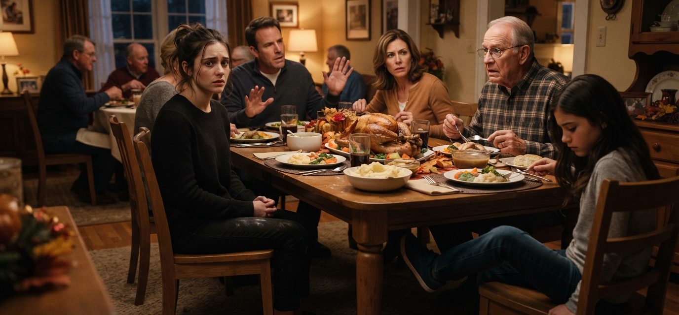 Grandfather setting down his fork in concern while his 22-year-old granddaughter sits quietly at a tense family Thanksgiving dinner.
