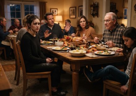 Grandfather setting down his fork in concern while his 22-year-old granddaughter sits quietly at a tense family Thanksgiving dinner.