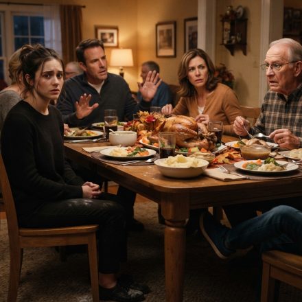 Grandfather setting down his fork in concern while his 22-year-old granddaughter sits quietly at a tense family Thanksgiving dinner.